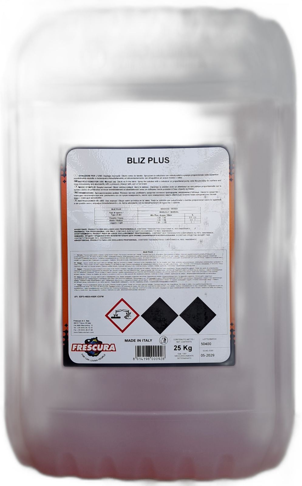 Frescura BLIZ PLUS - Detergente Schiuma Attiva Superconcentrato per Veicoli Molto Sporchi